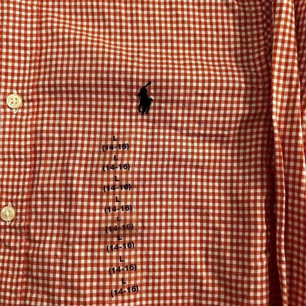 NWT Ralph Lauren Boys Button Down‎ Youth Long Sleeve Orange Gingham Size L 14-16